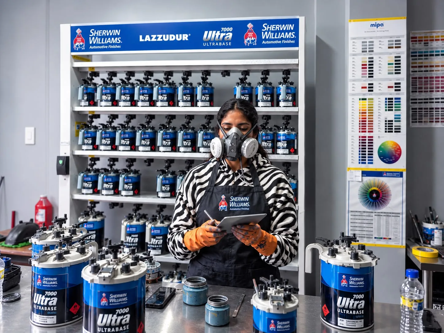Banco de matizado con los tintes Sherwin-Williams Lazzudur Ultra 7000 en estantería y las cartas de color en la pared.
